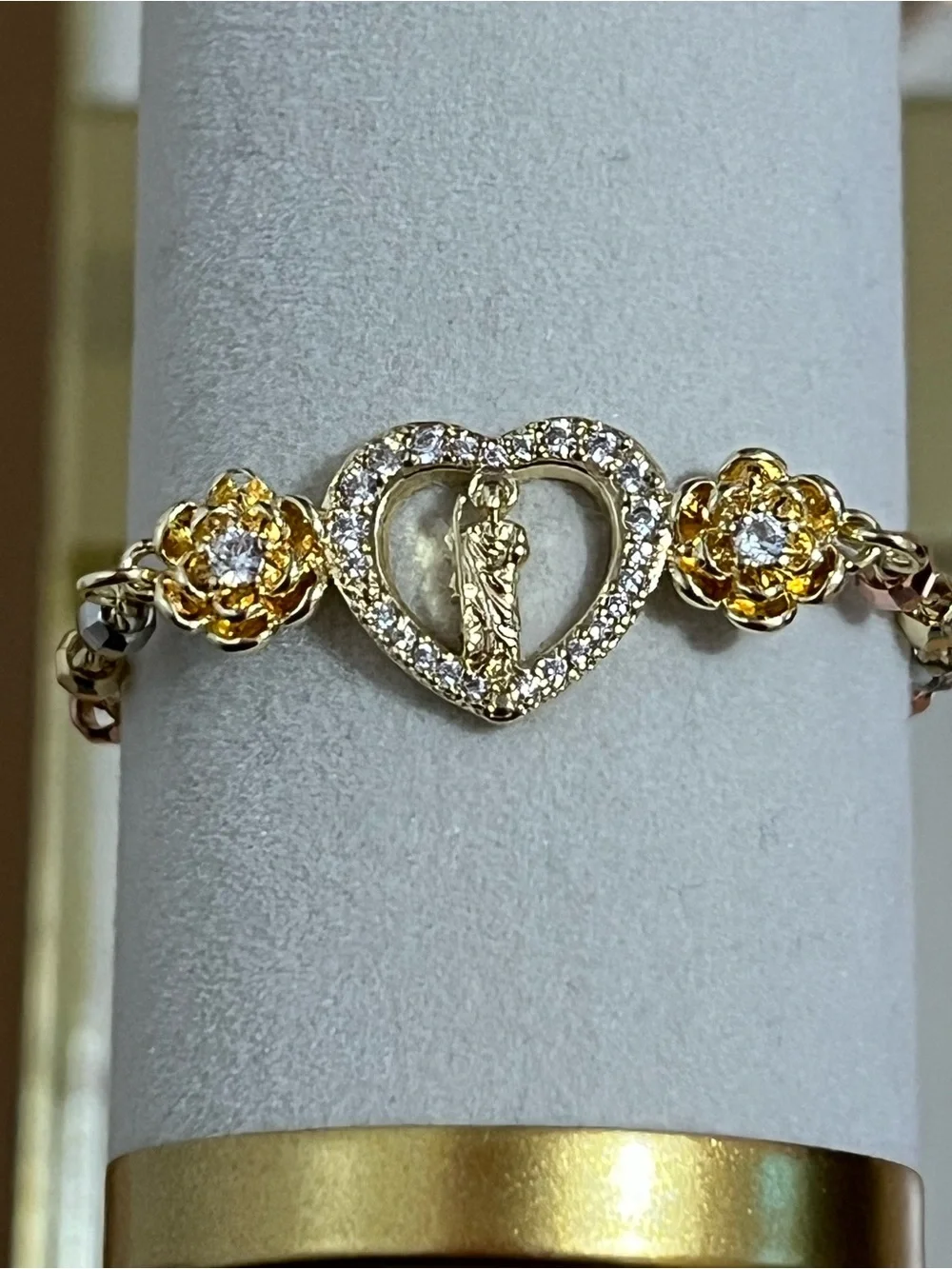 Gold Heart Bracelet with Crystal Accents and Flower Links